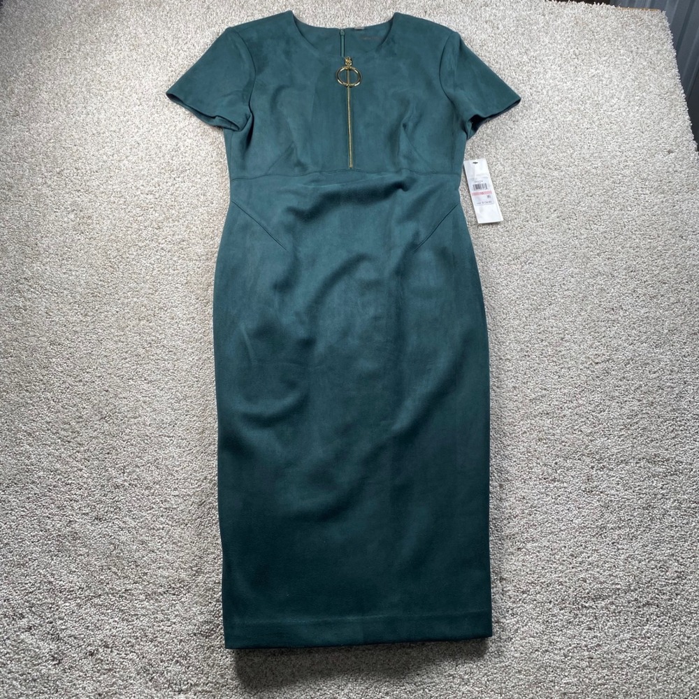 CALVIN KLEIN $134 Solid Emerald Green Soft‎ Faux Suede 1/2 Zip Sheath Dress 10
